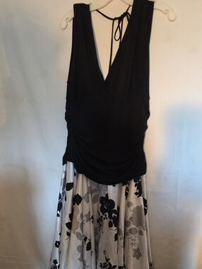 Women's Black V-Neck Skater Dress with Black & Gray Floral Skirt